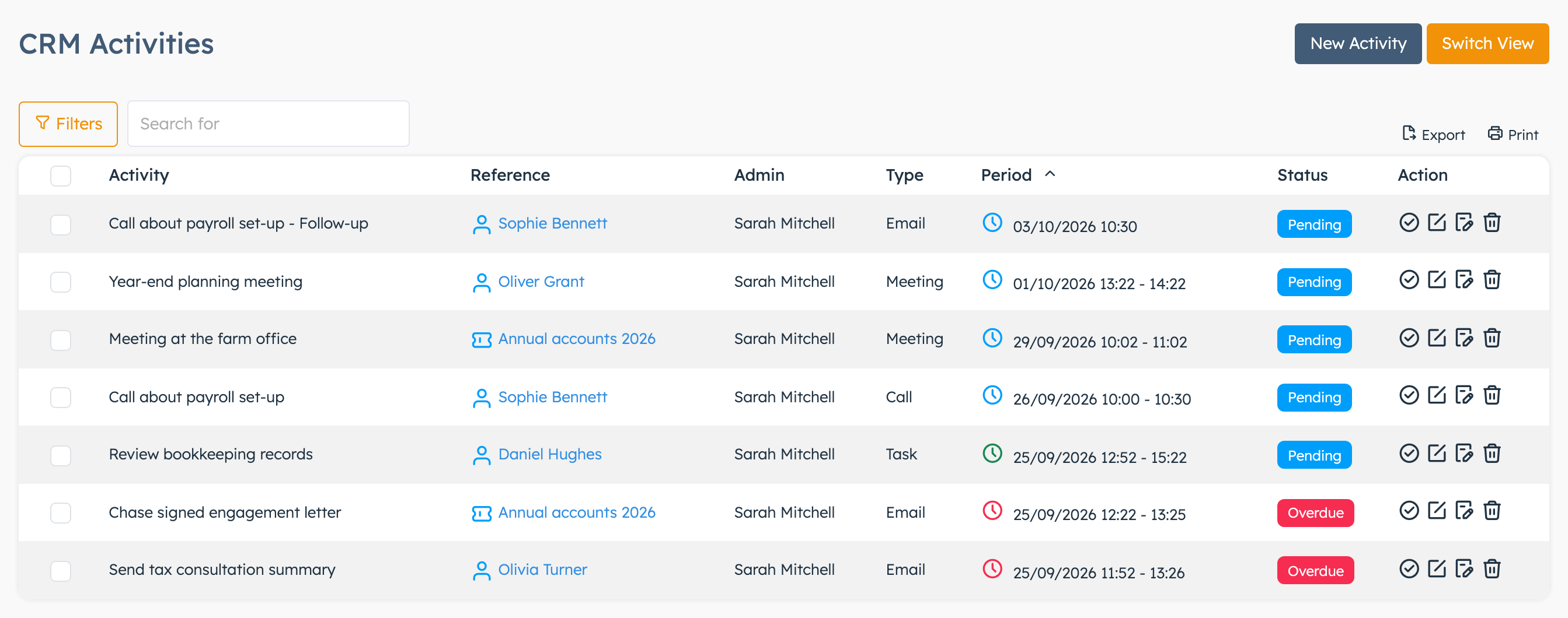 CRM Activities list with filters, status badges and period clocks