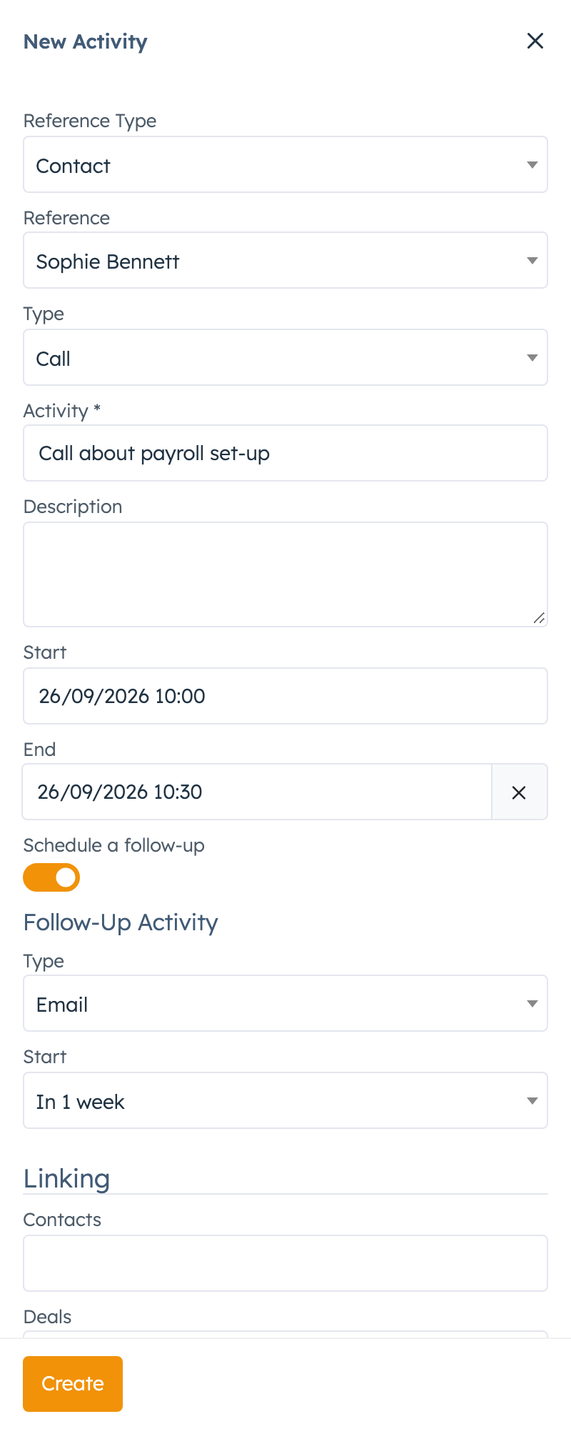 New Activity panel with type, dates, follow-up switch and linking