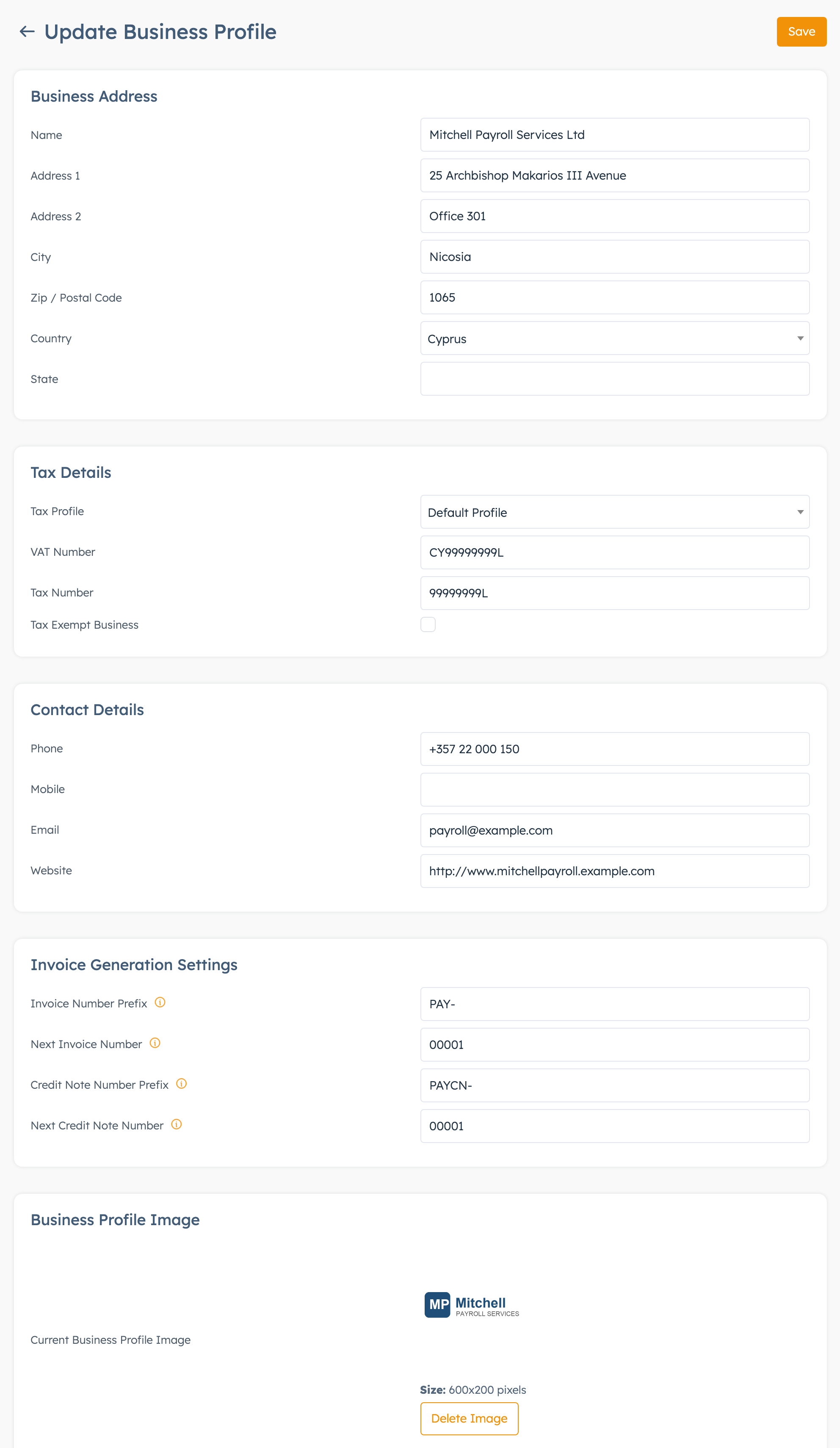 Business profile form with address, tax details and numbering