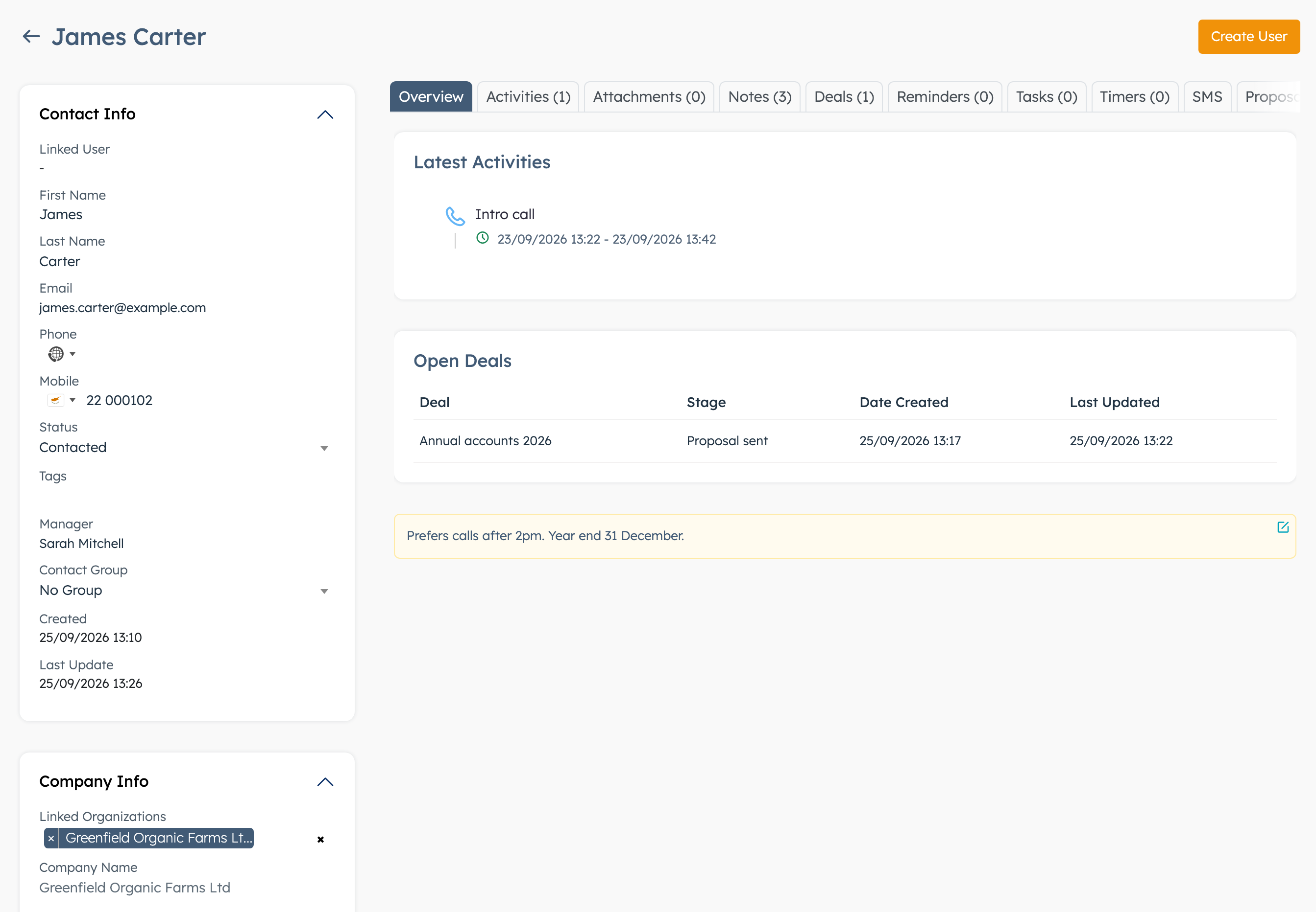 Contact page with details on the left and the Overview tab