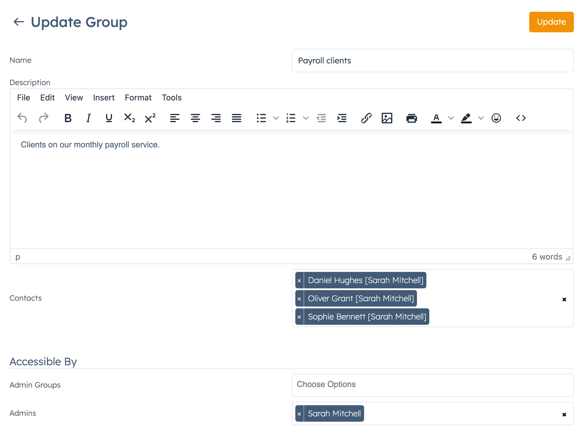 Contact group form with contacts and Accessible By