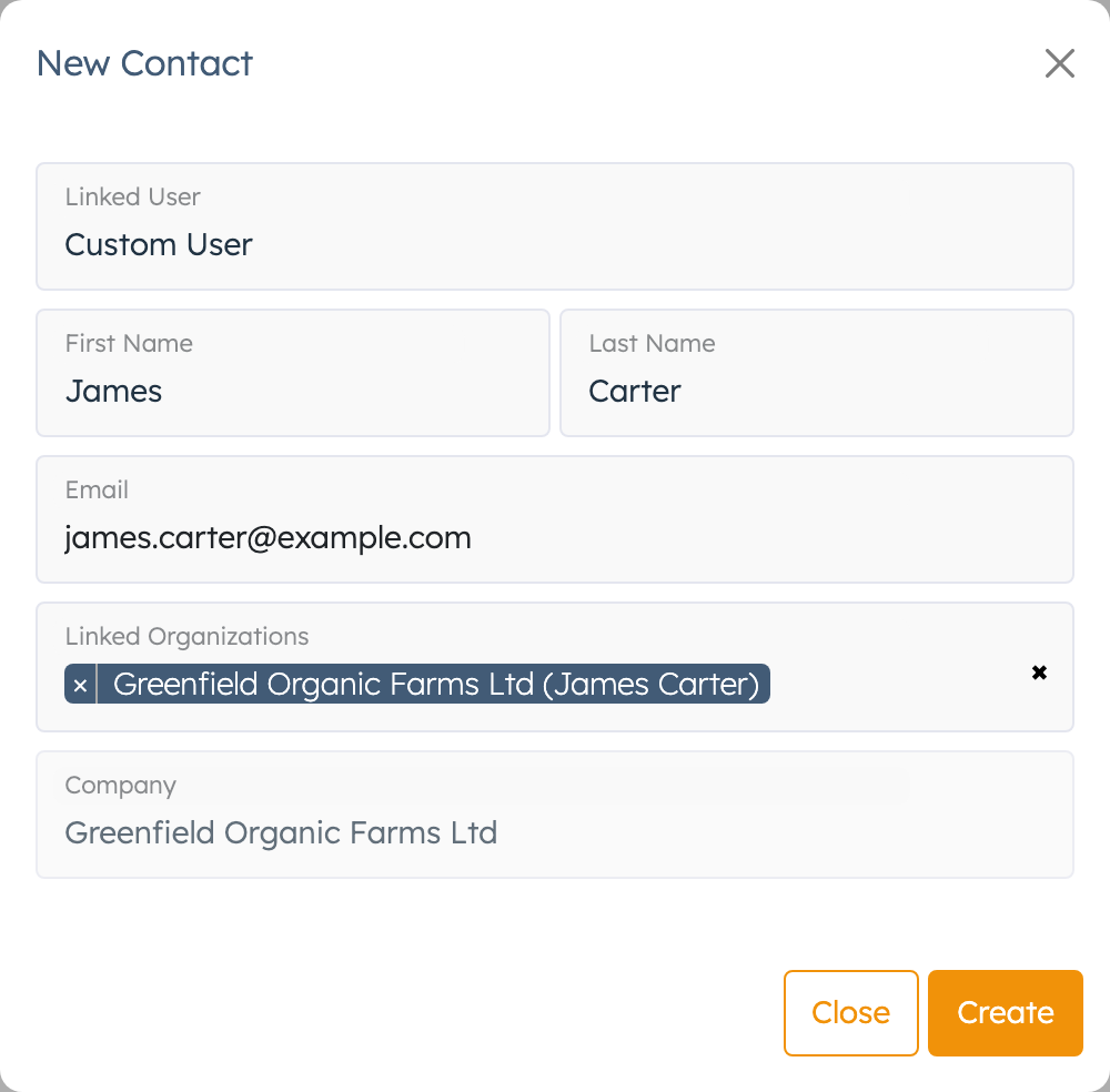 New Contact popup with name, email and organisation fields