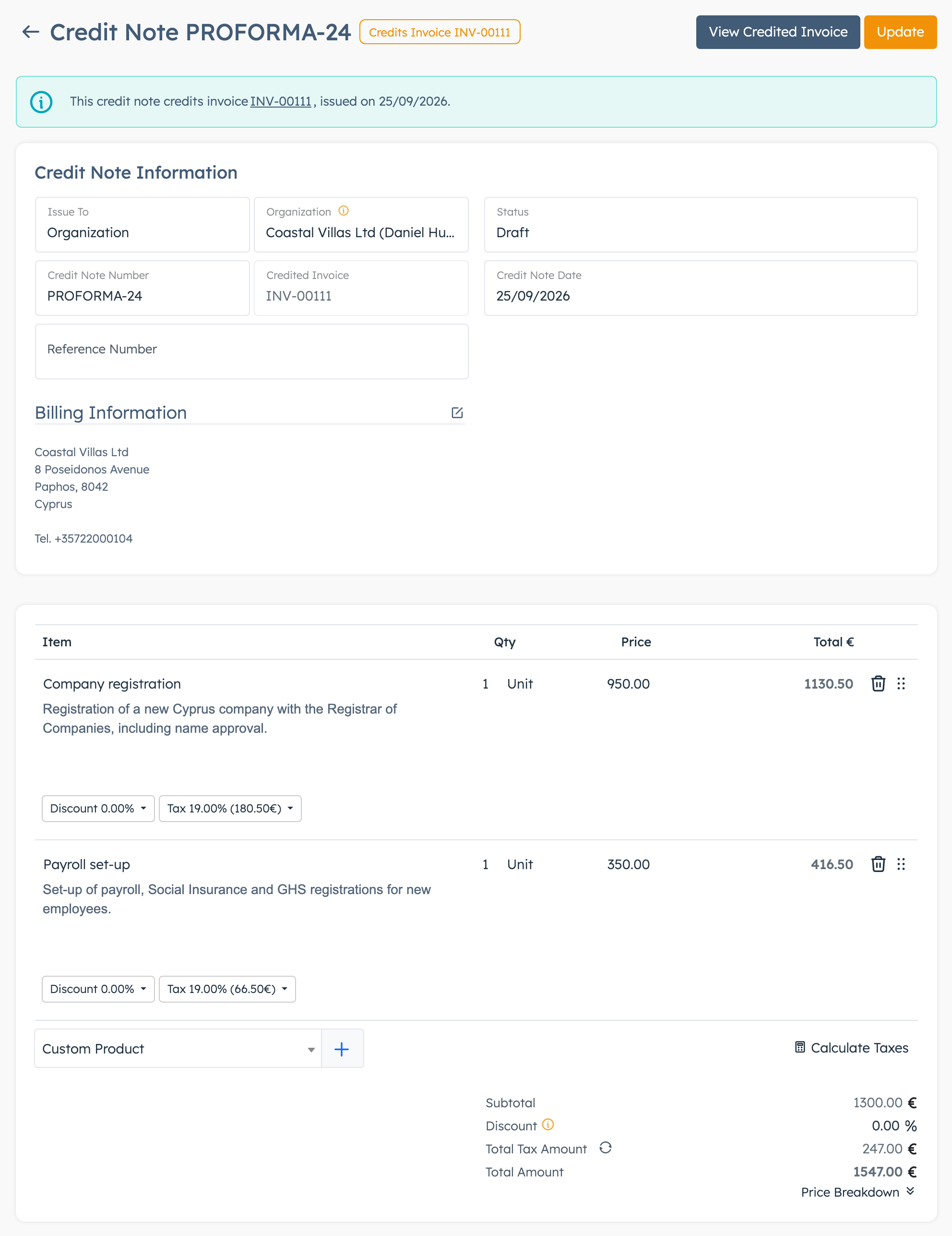 Draft credit note with the credited invoice banner