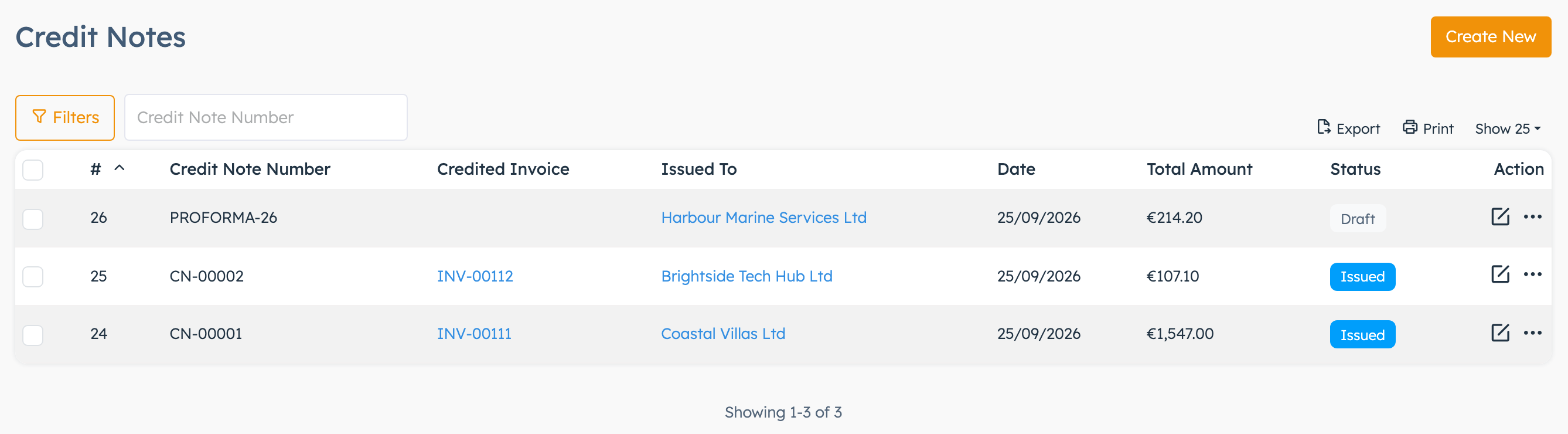 Credit Notes list with the Credited Invoice column