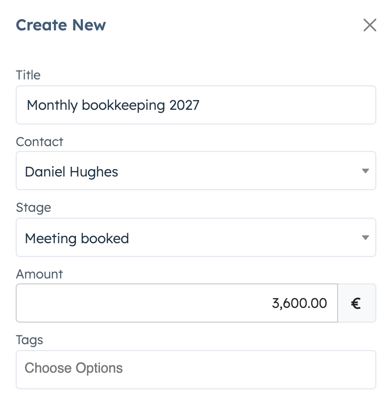 Create New panel with Title, Contact, Stage, Amount and Tags