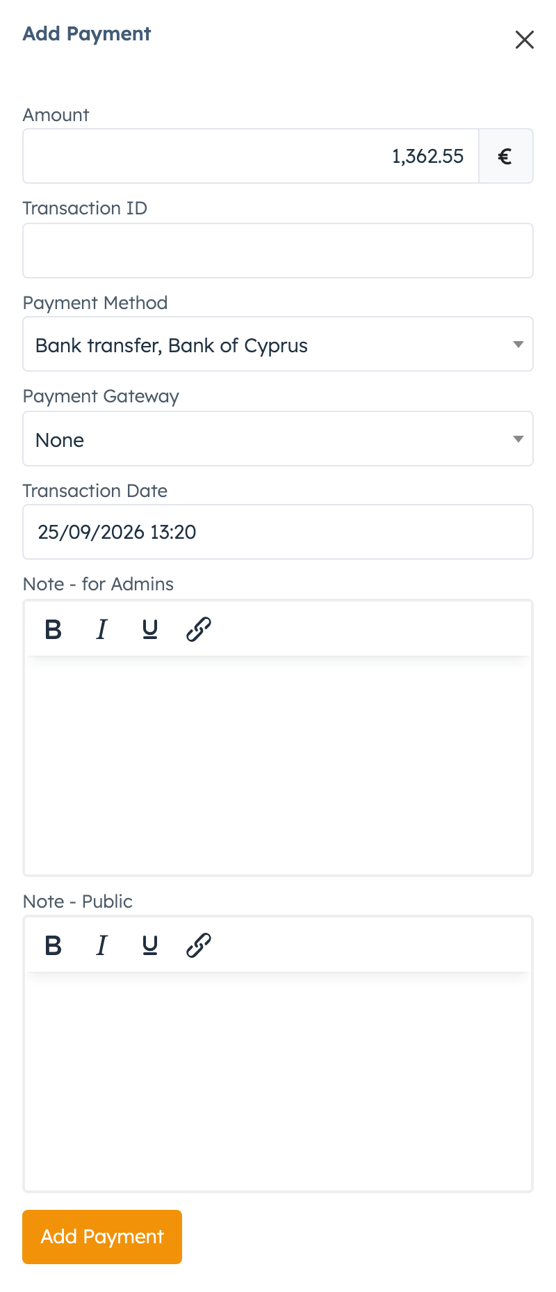 Add Payment panel on an unpaid invoice