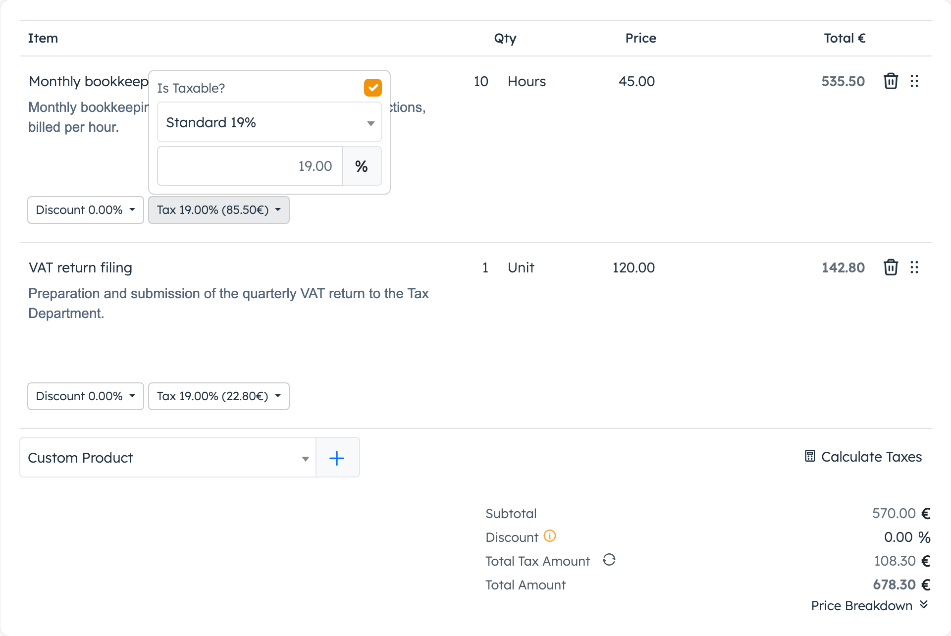 Invoice lines with the Tax options open