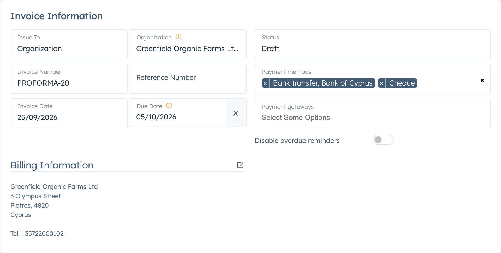 Invoice Information on a new draft invoice