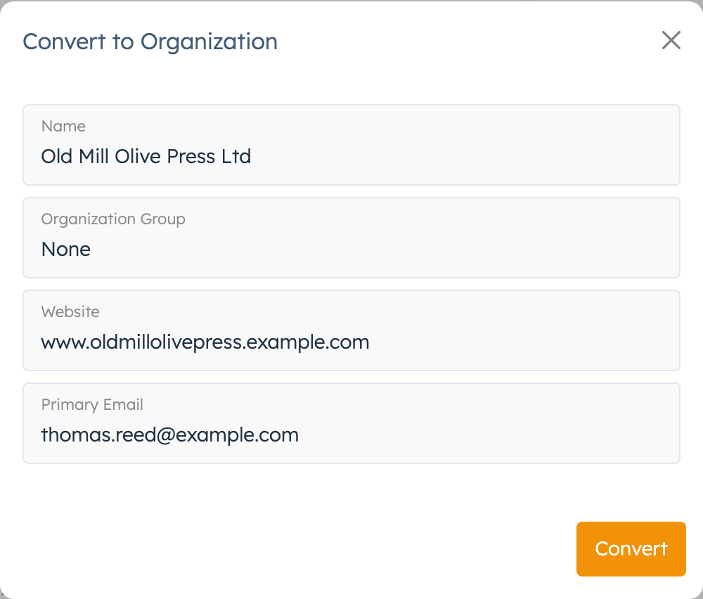 Convert to Organization popup with name, group, website and primary email