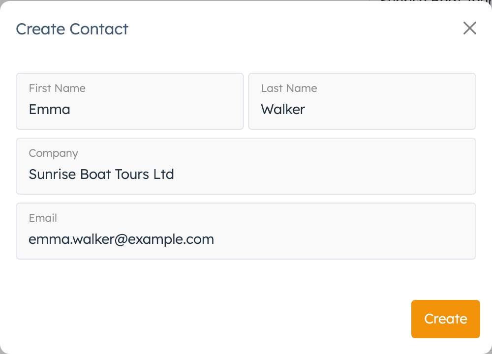 Create Contact popup with first name, last name, company and email