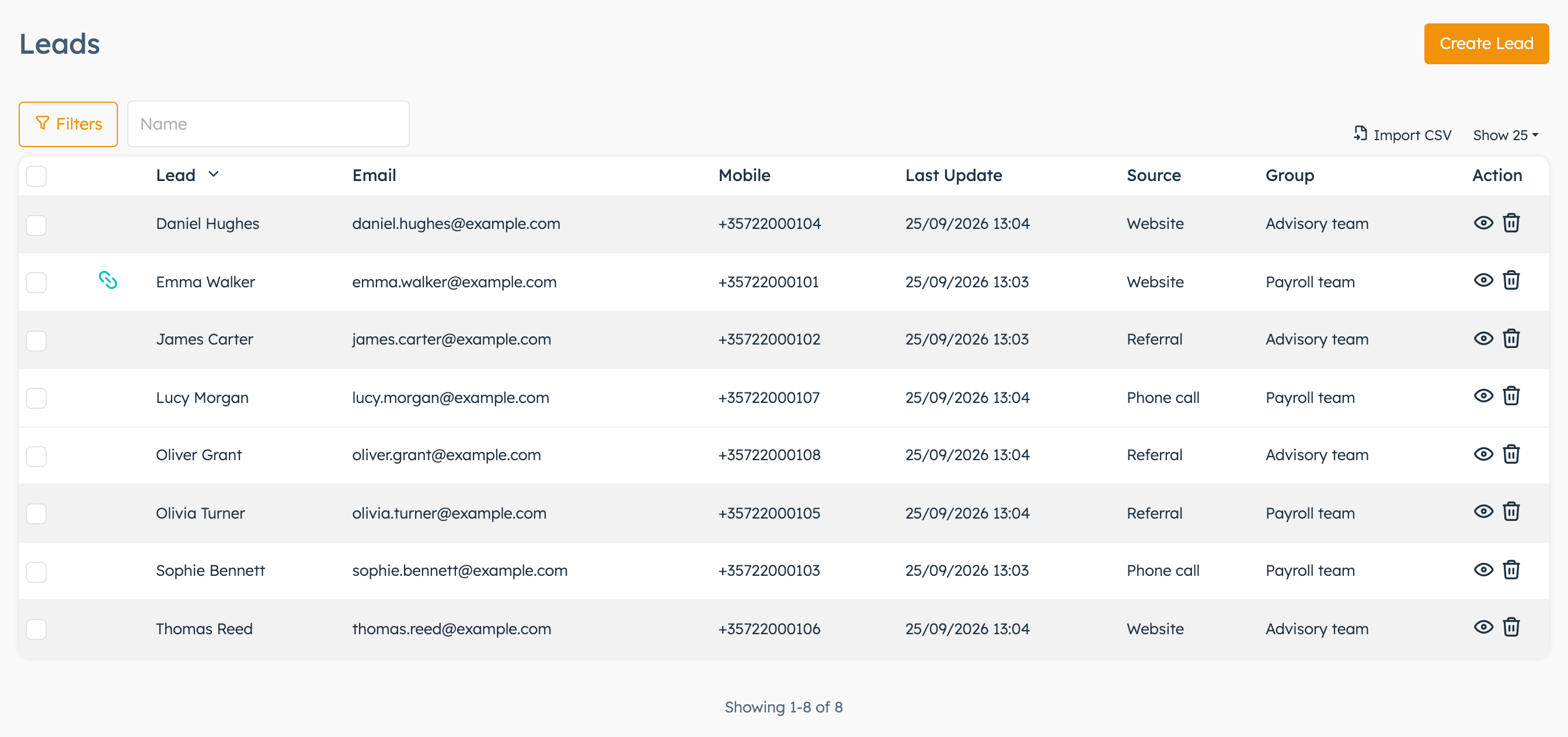 Leads list with filters, sources, groups and a linked contact icon