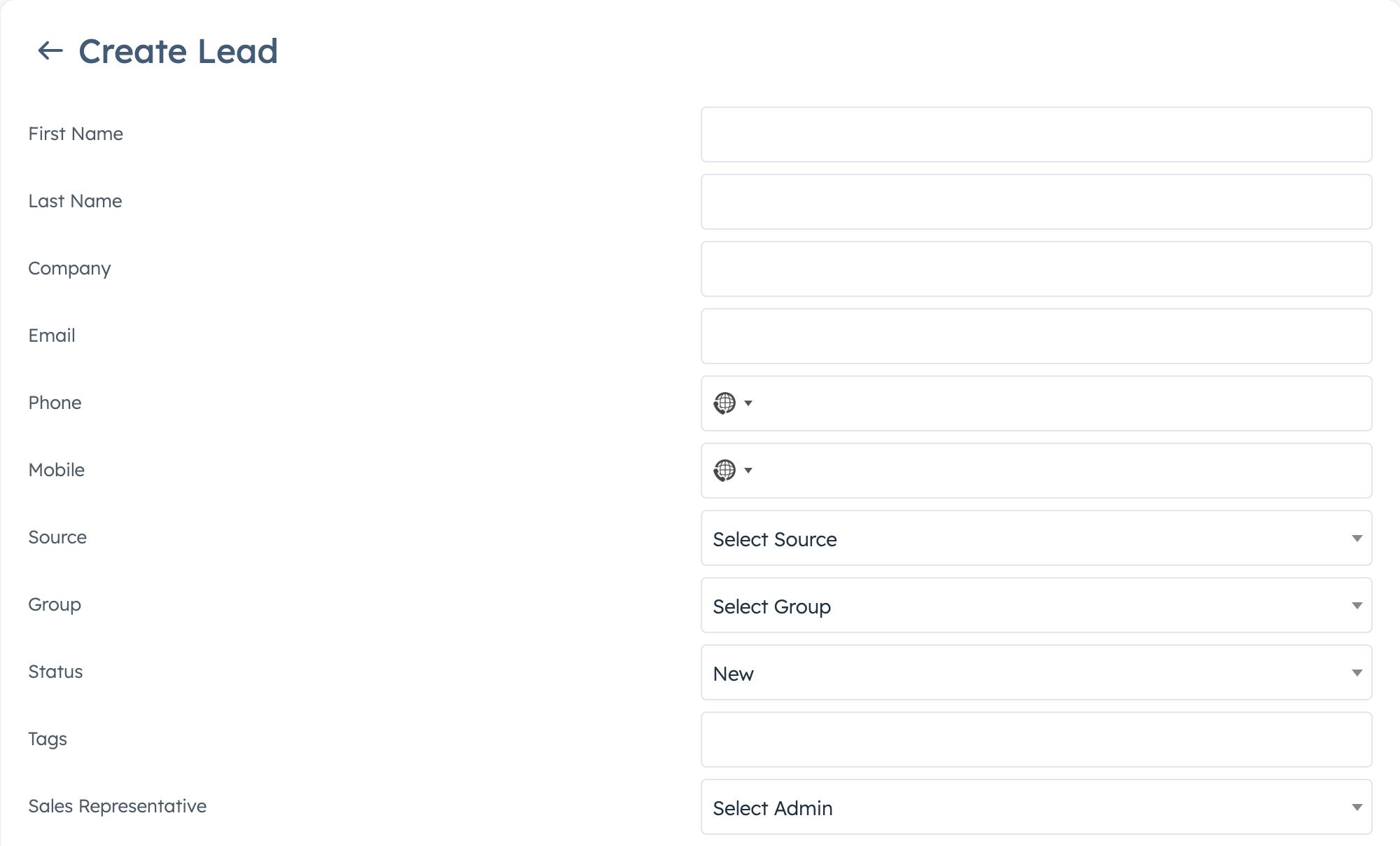New lead form with name, contact details, source, group and status