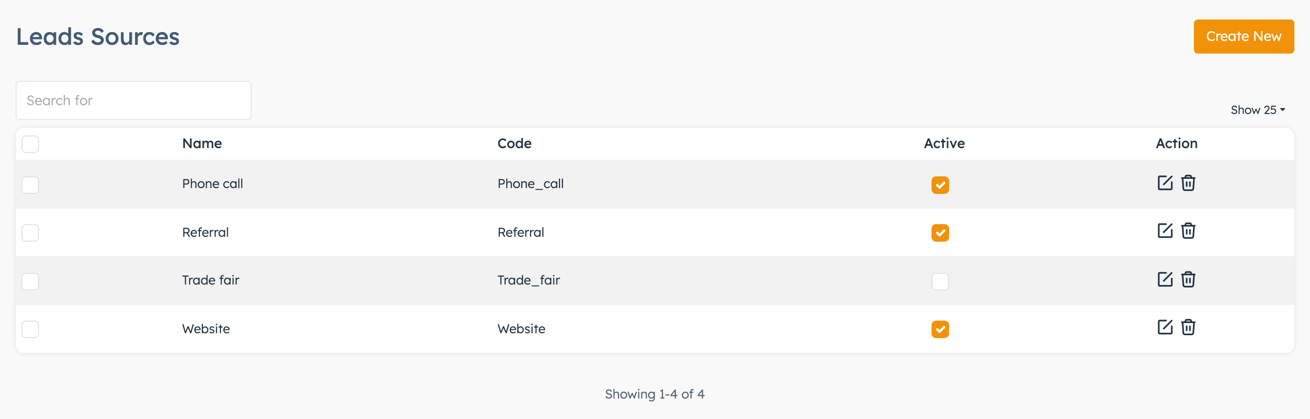 Leads Sources list with Active tick boxes
