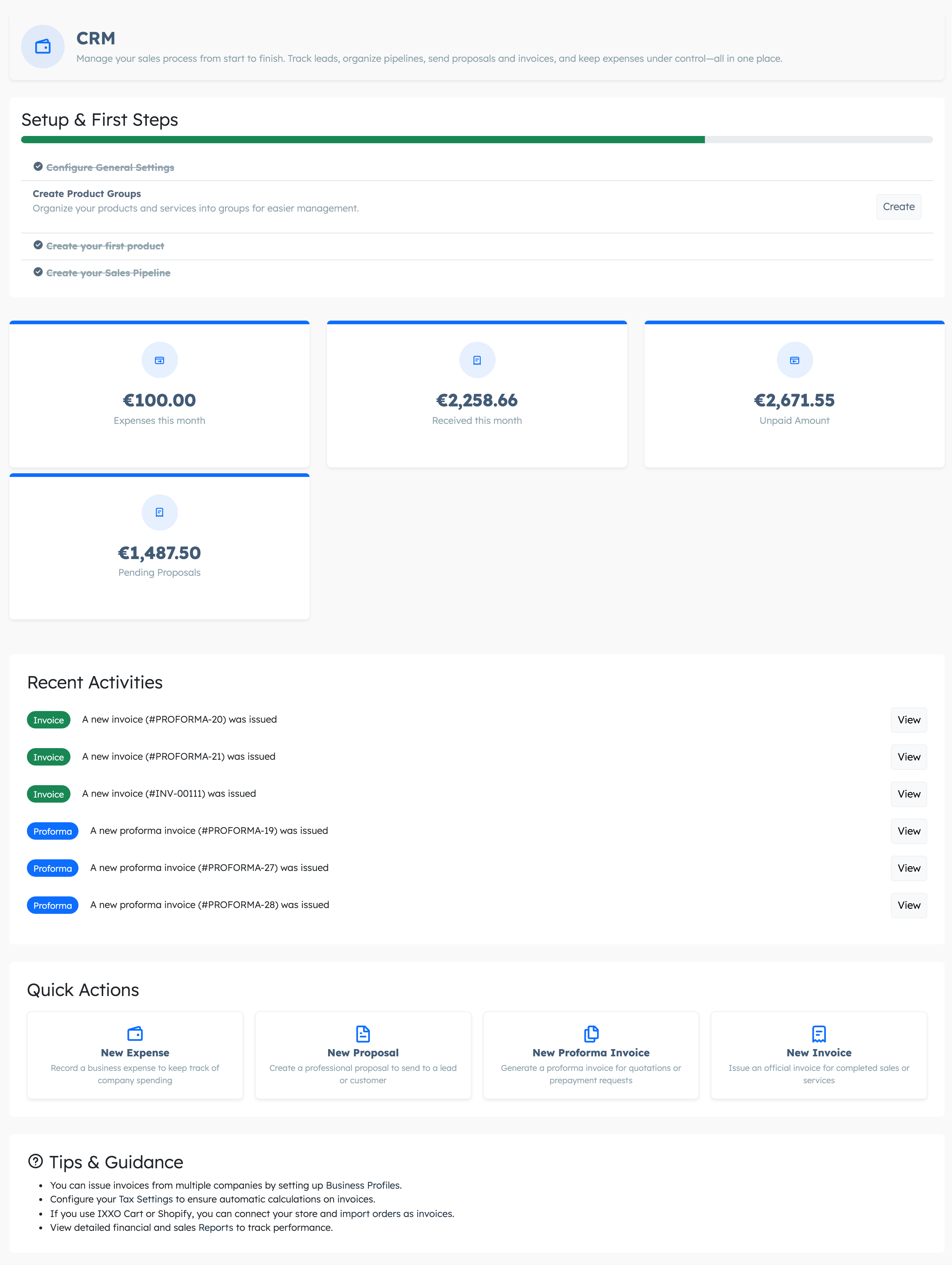 CRM home page with setup steps, totals, recent documents and quick actions
