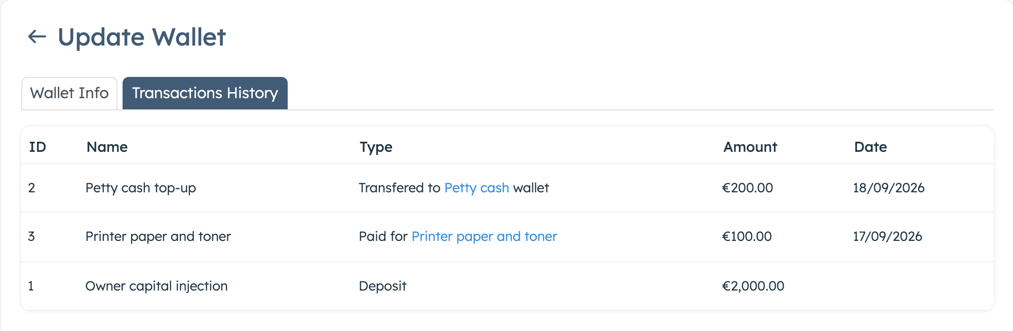 Wallet transactions history with an expense, a deposit and a transfer