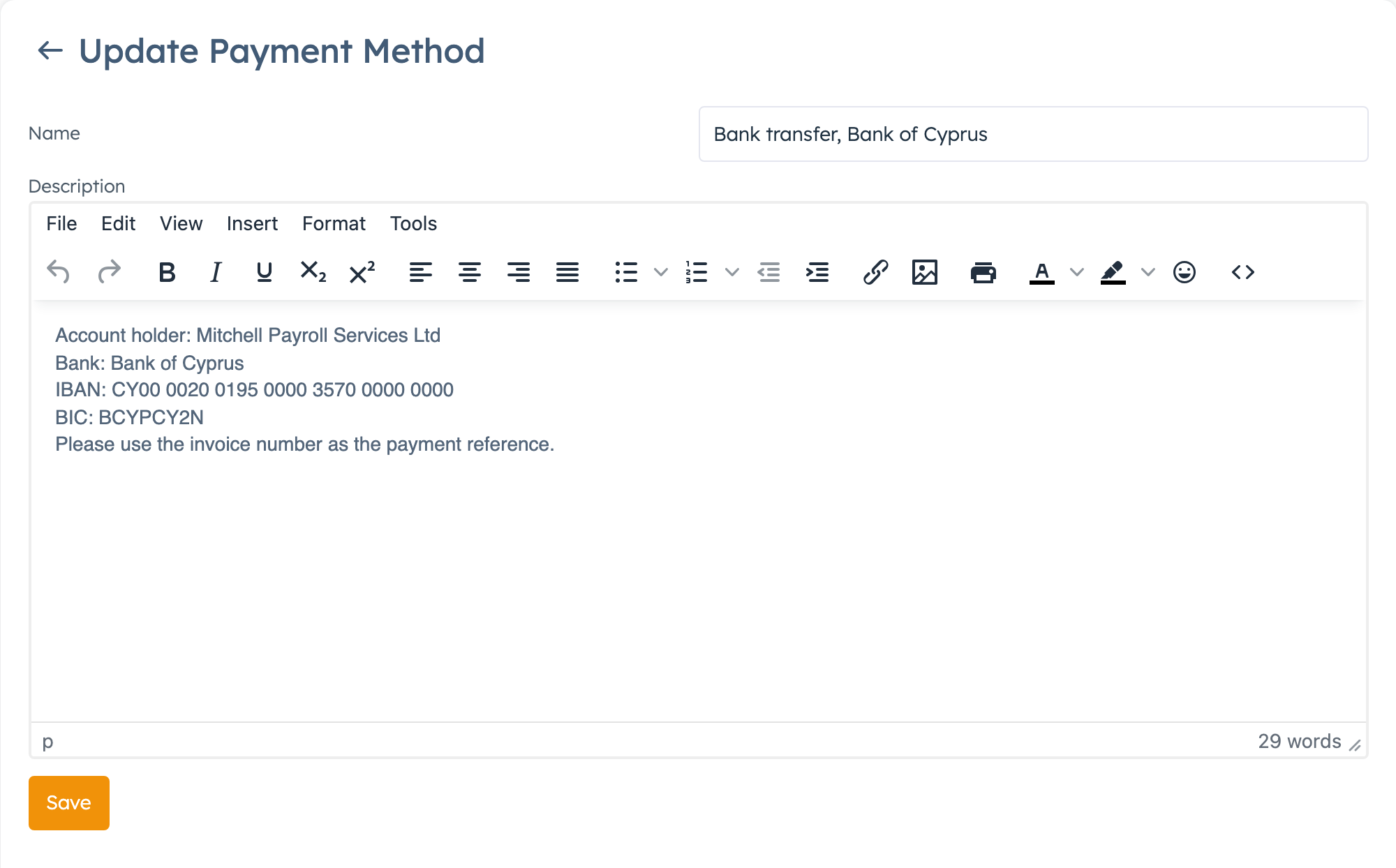 Payment method form with demo bank details