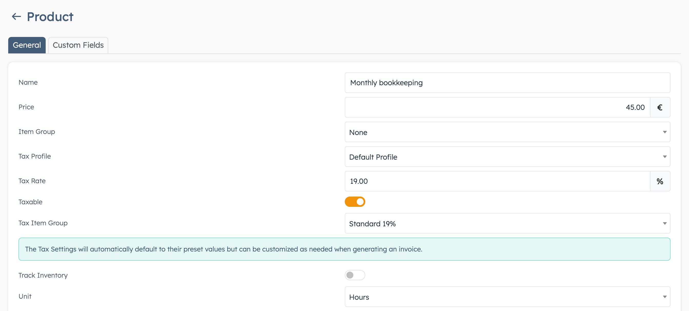 Product page with the General tab filled in