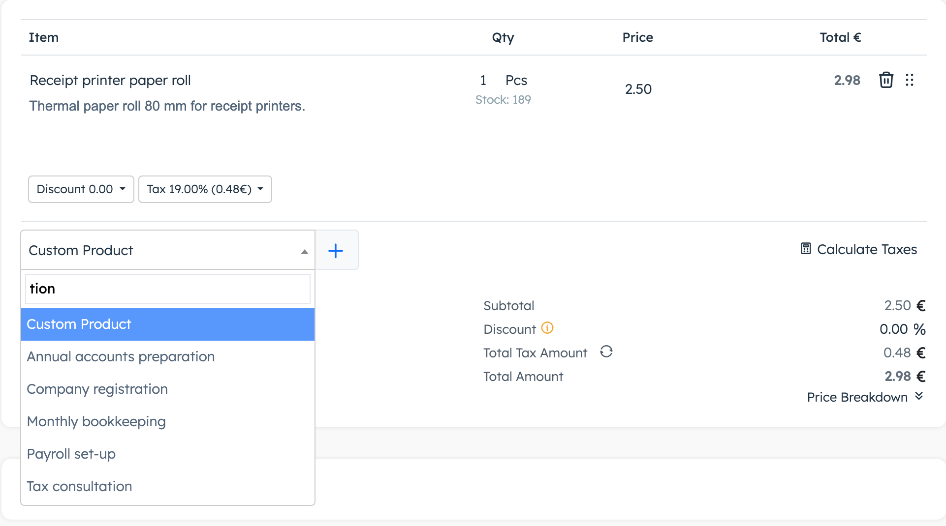 Product search under the invoice lines
