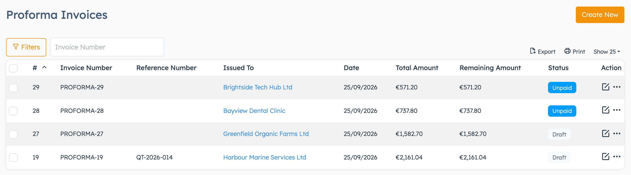 Proforma Invoices list with draft and unpaid proformas