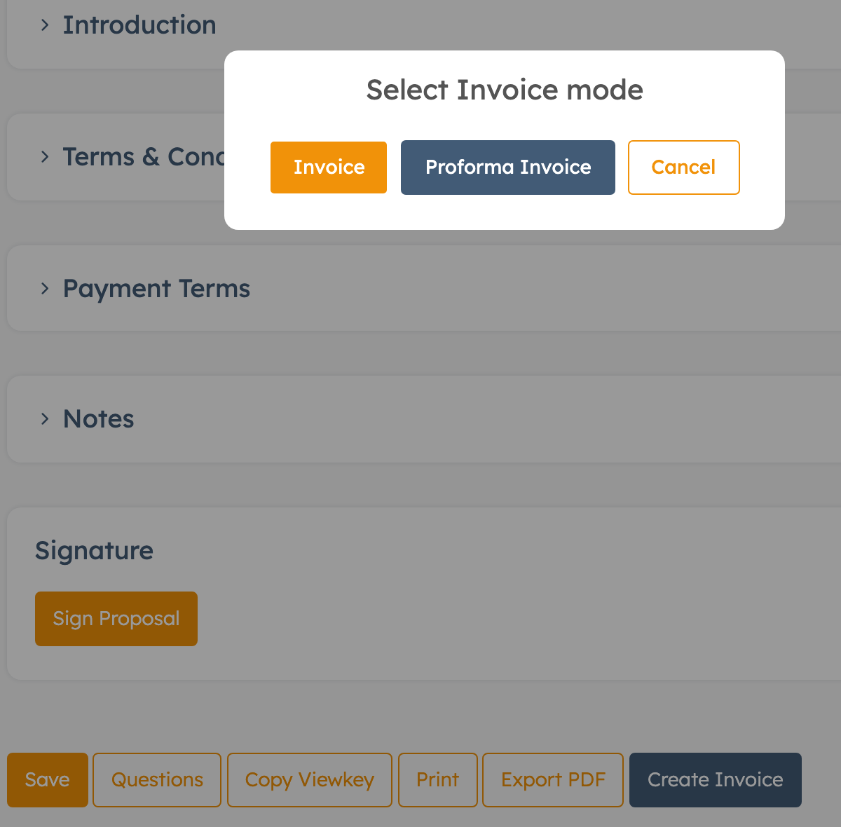 Select Invoice mode window with Invoice and Proforma Invoice