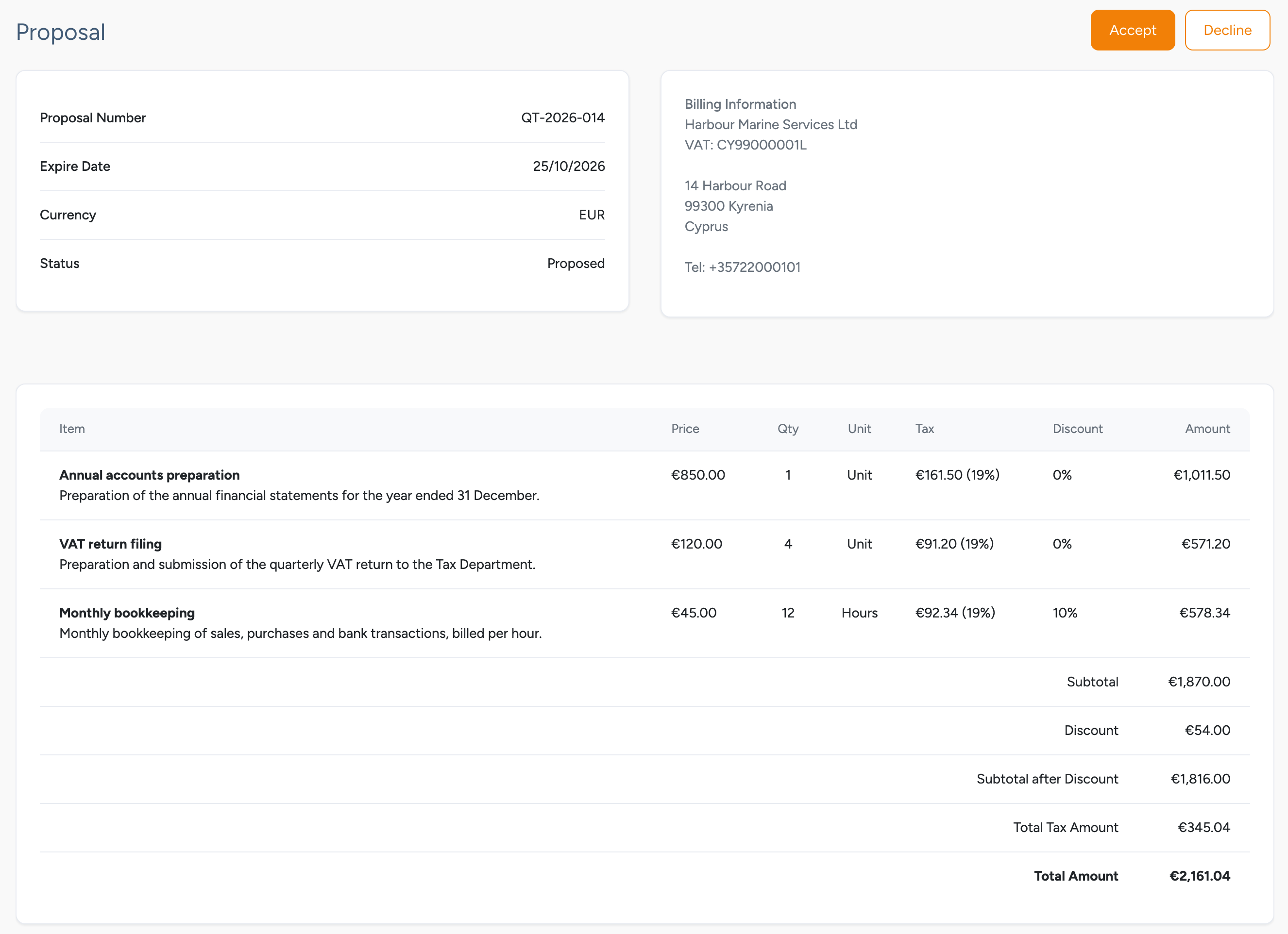 Customer's proposal page with Accept and Decline buttons