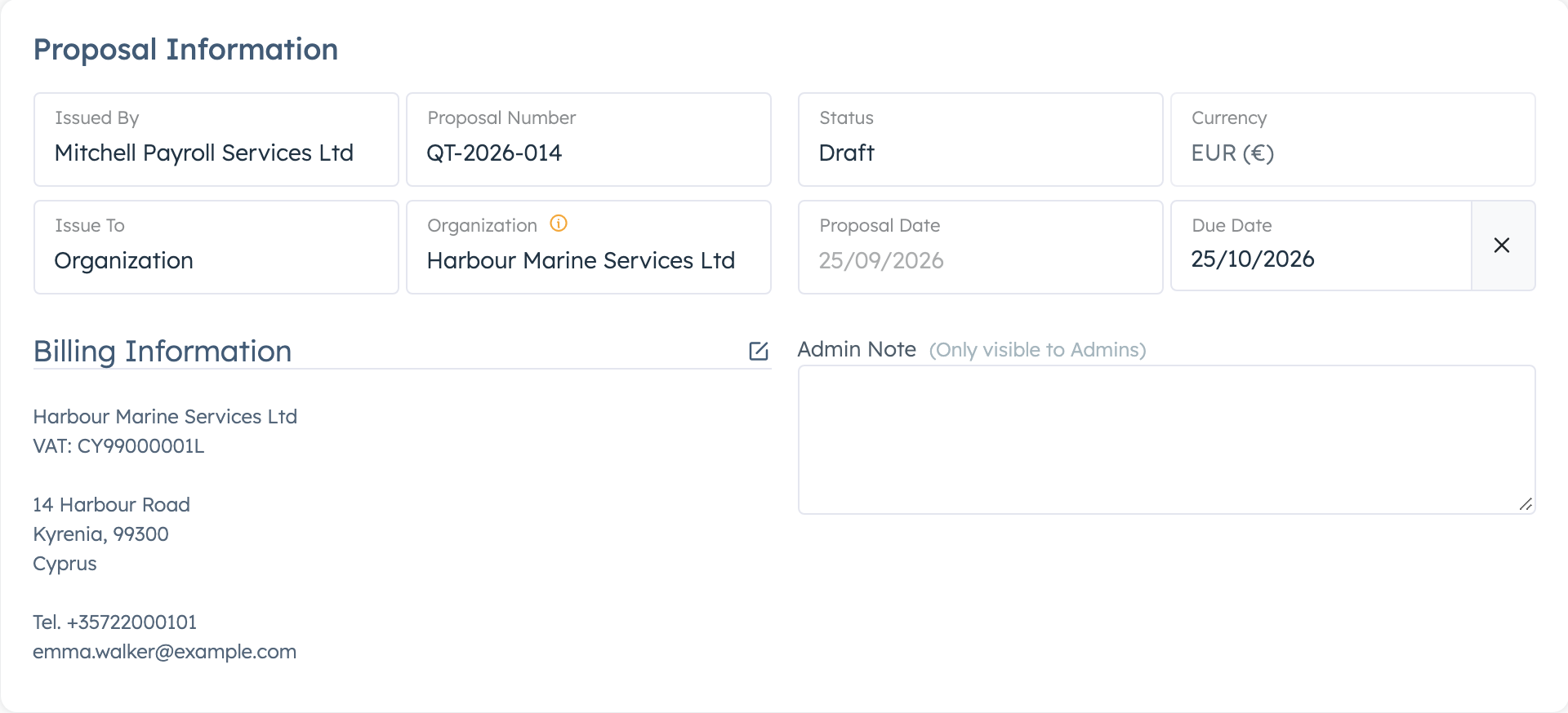 Proposal Information section with Issued By, Issue To, Proposal Number and billing details