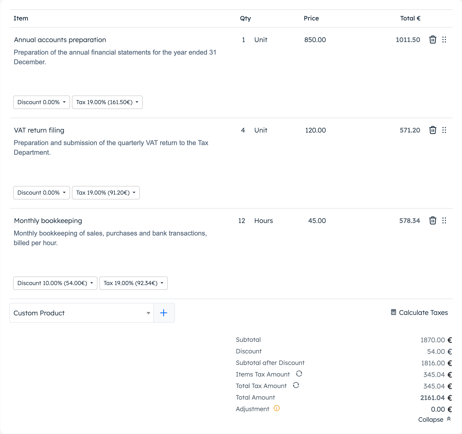 Product lines with Discount and Tax buttons and the totals below