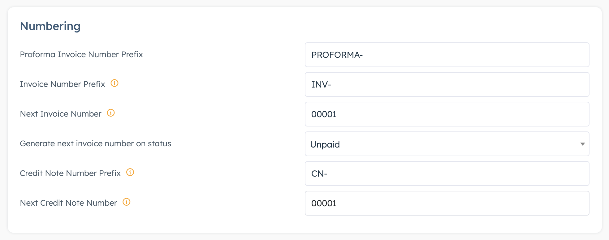 Numbering section with prefixes, next numbers and the numbering status