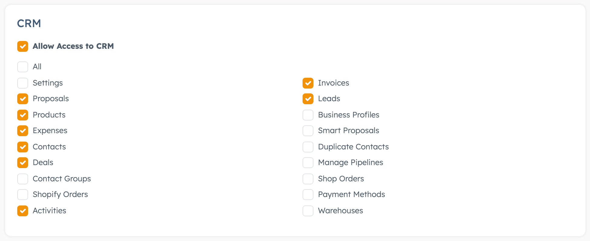 CRM section of the Basic Permissions tab