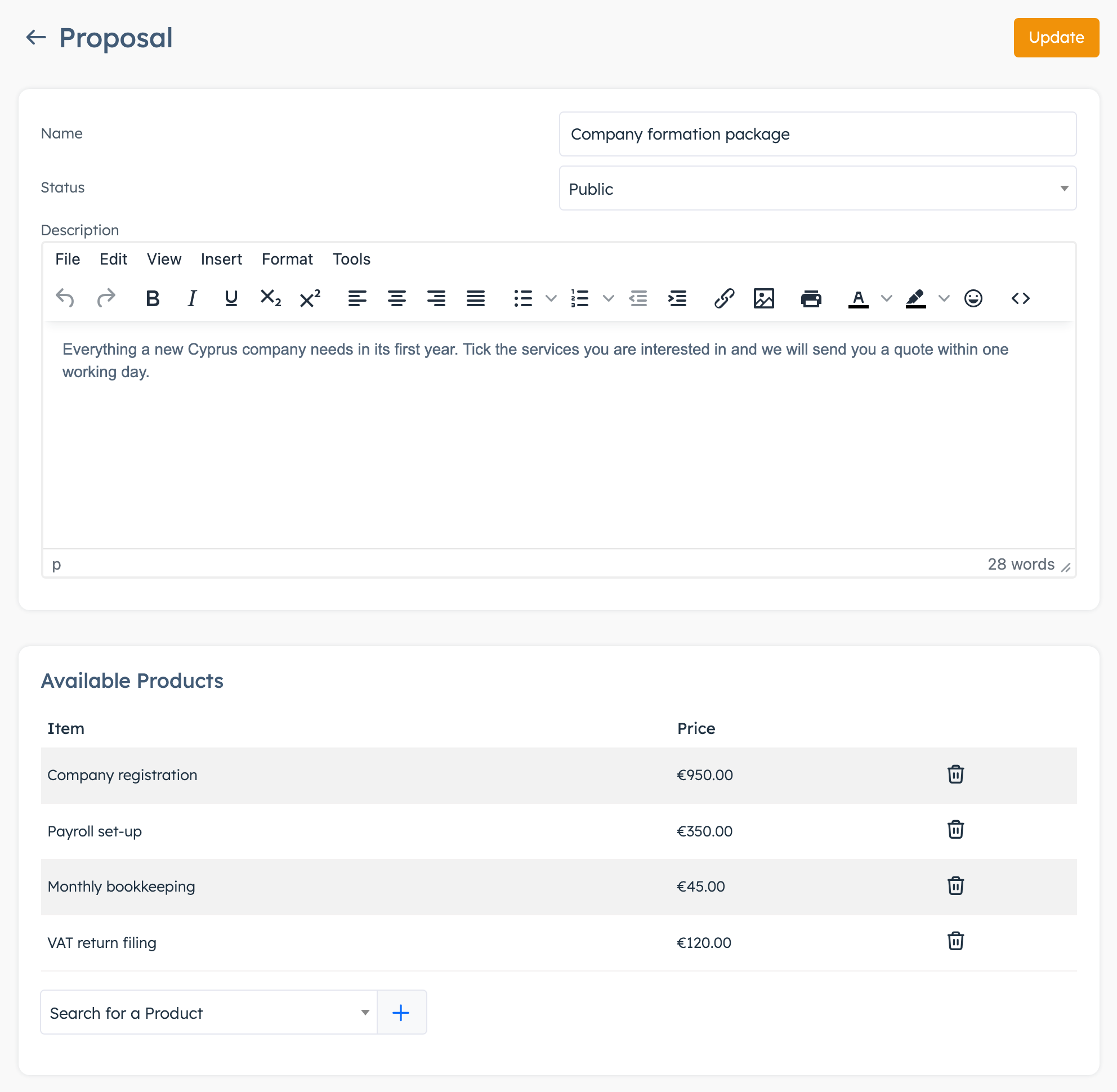 Smart proposal page with Name, Status, Description and the product list
