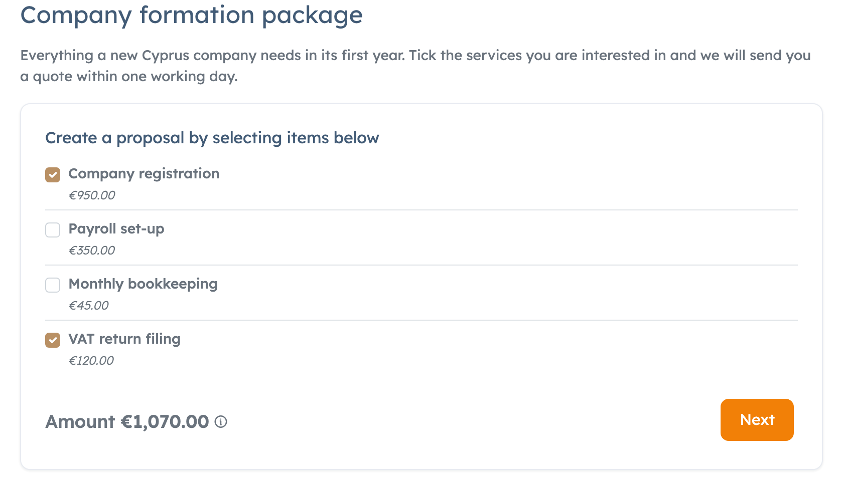 Public request form with ticked items and the Amount