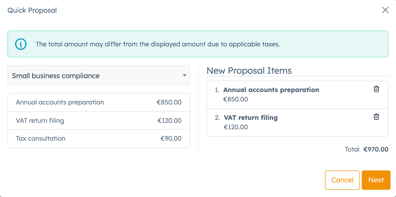 Quick Proposal window with products on the left and New Proposal Items on the right