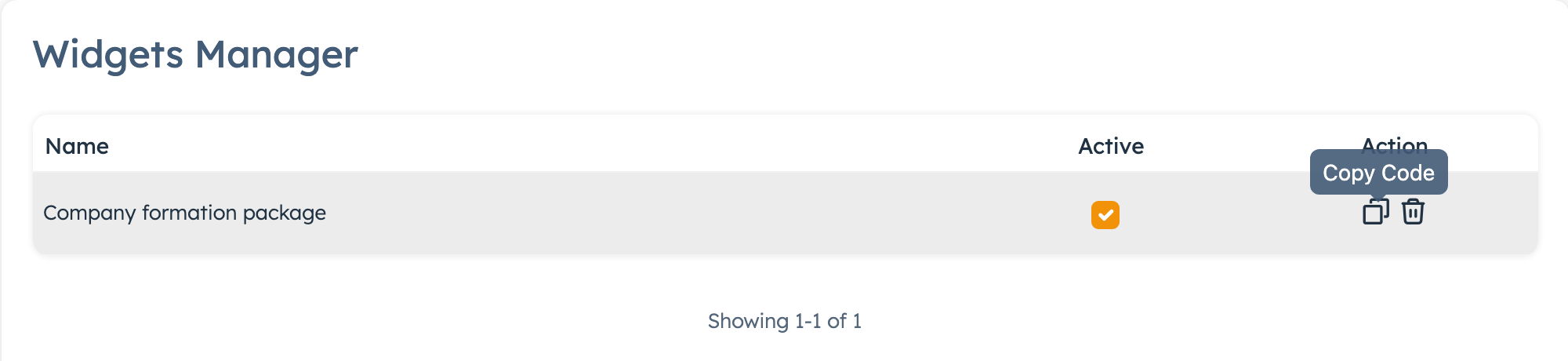 Proposals Widgets page with the Active tick and Copy Code