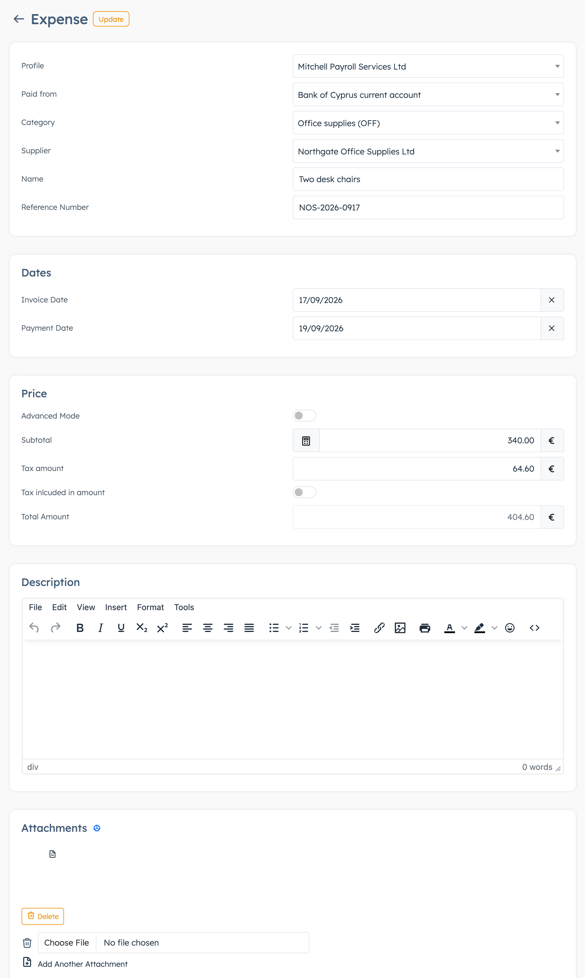 Expense form in simple mode