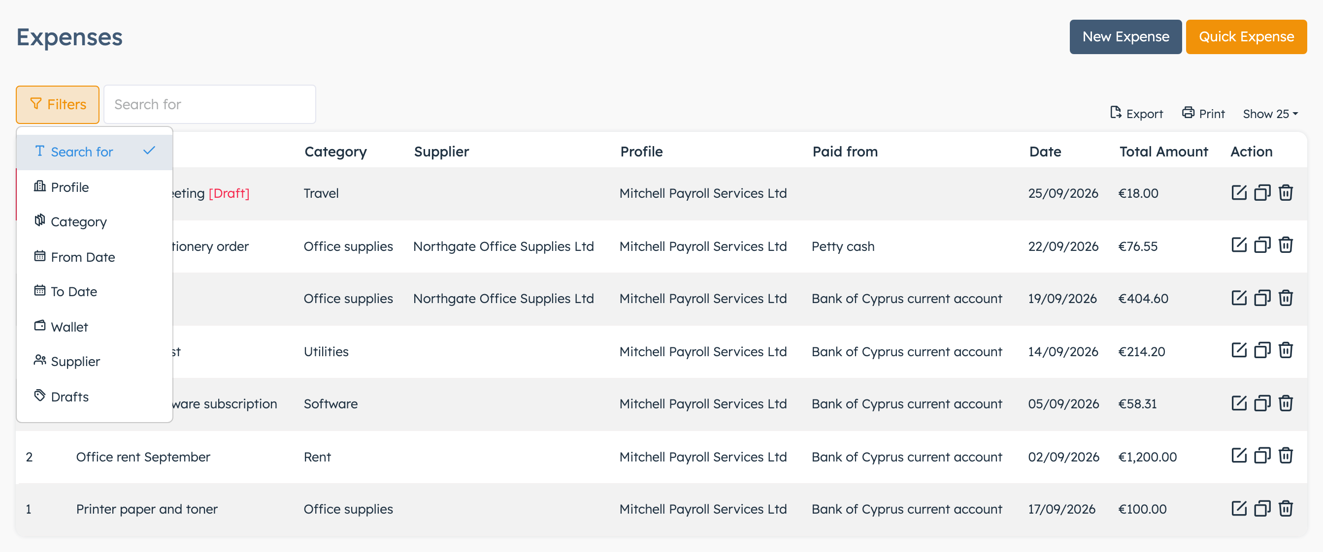 Expenses list with filters and a draft