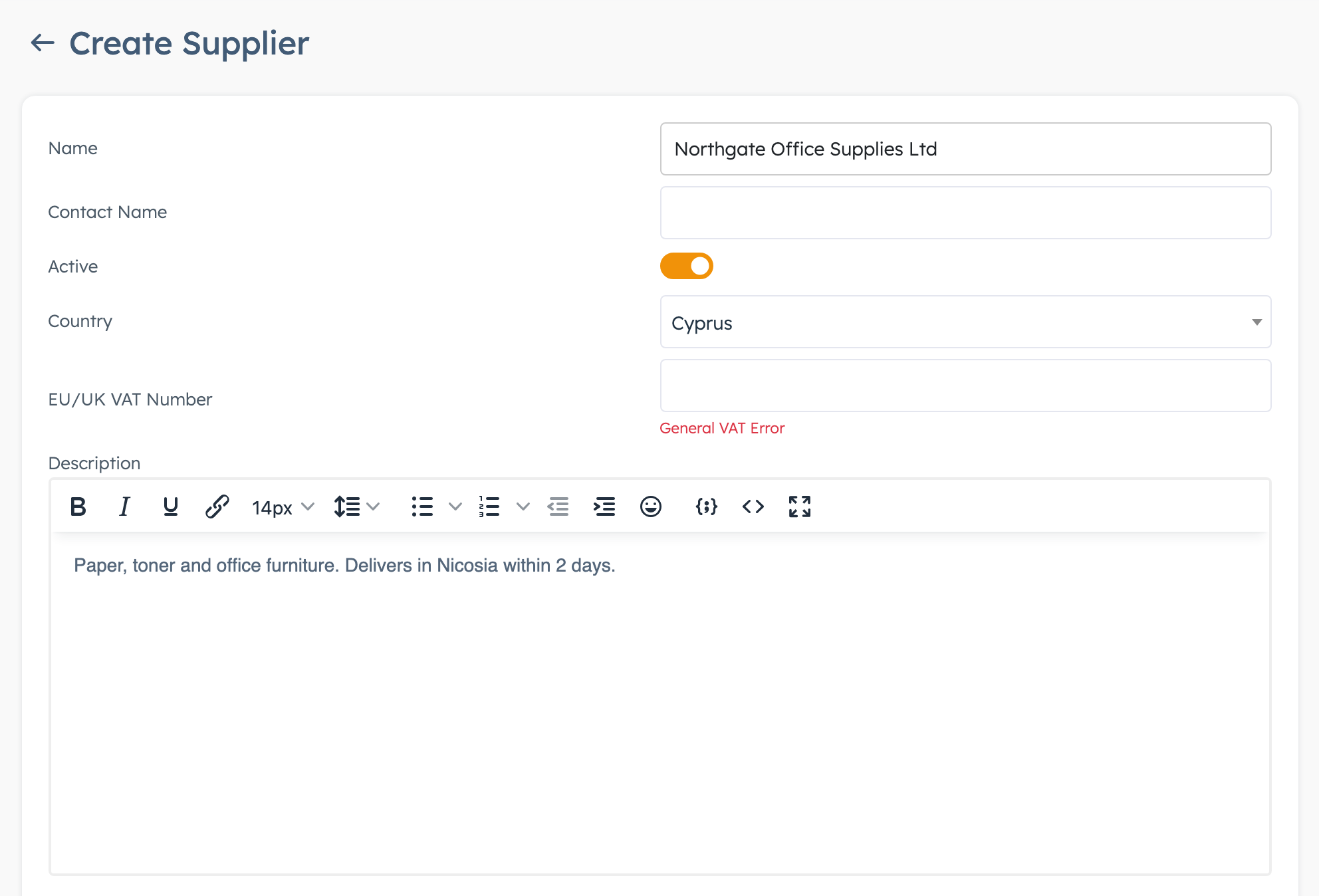 New supplier form with the Active switch