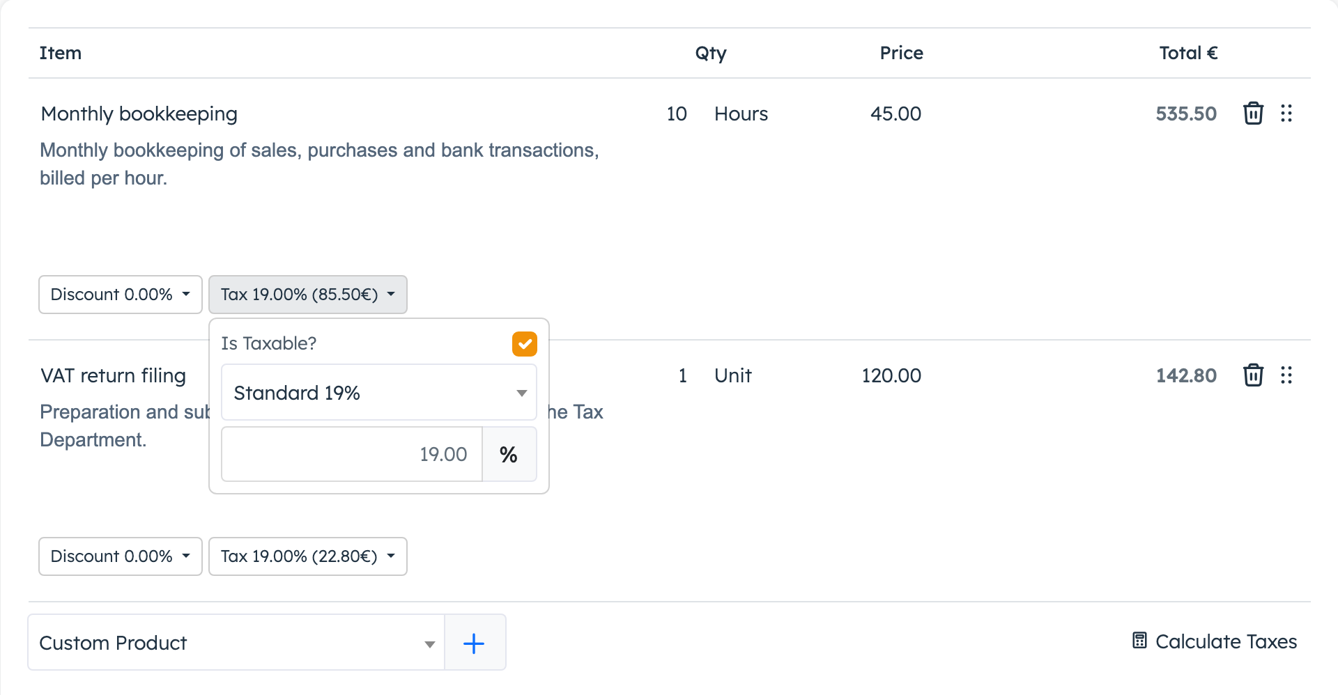 Tax chip open on an invoice line, with Calculate Taxes below