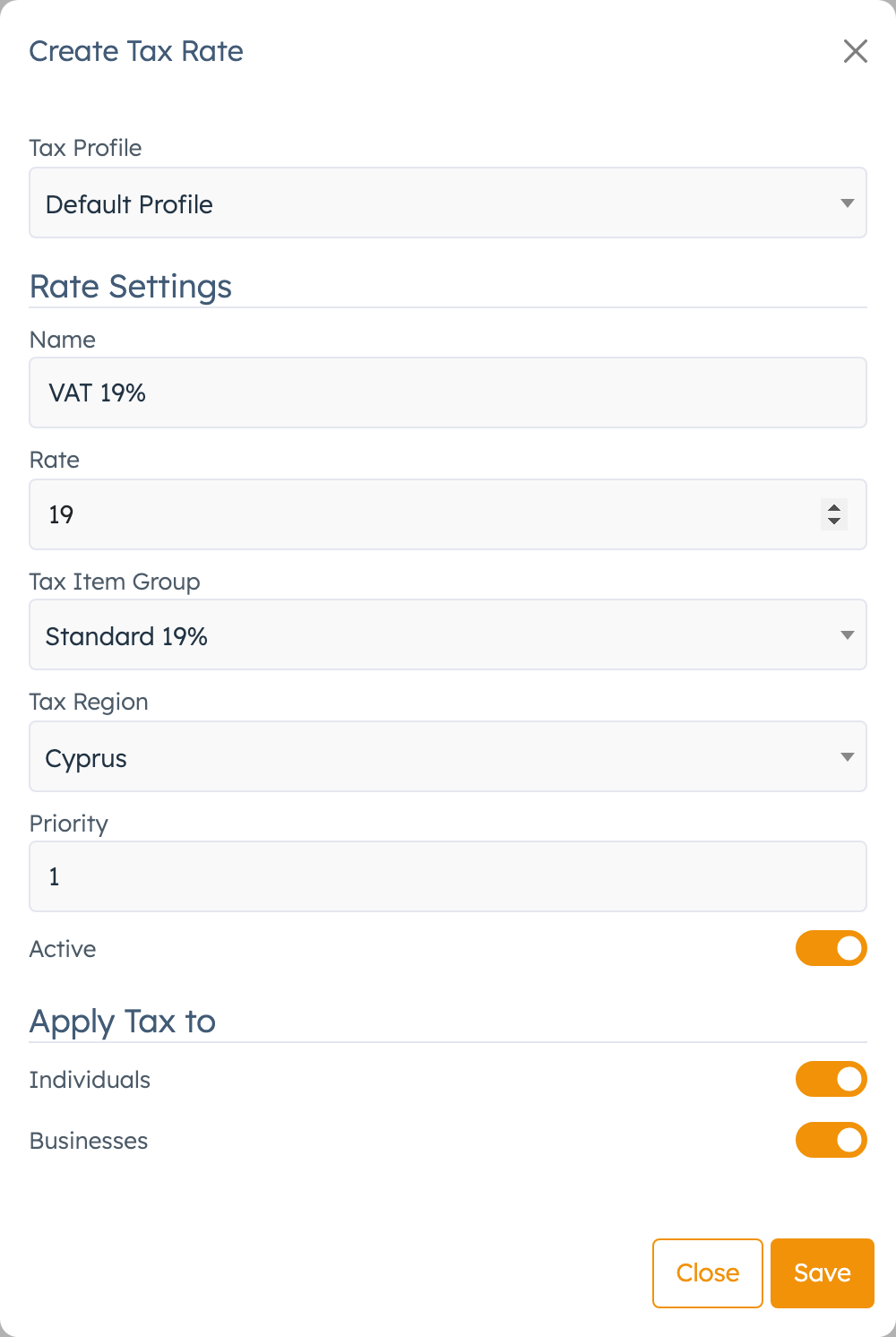 Create Tax Rate popup filled in for 19% in Cyprus