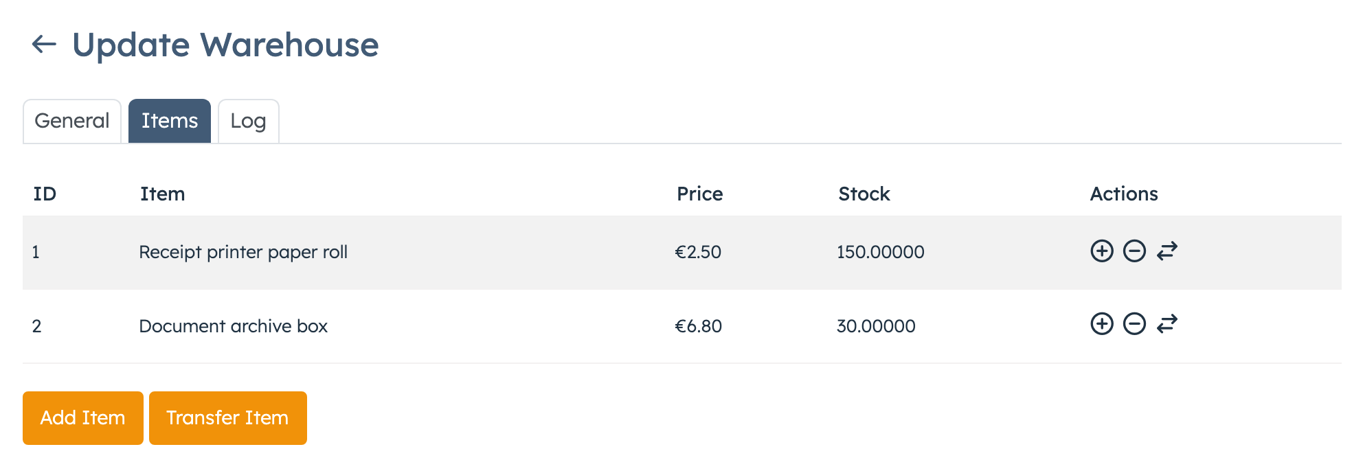 Warehouse Items tab with two products
