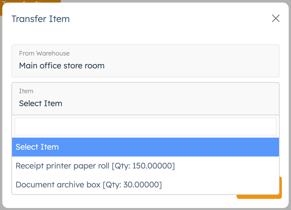 Transfer Item pop-up